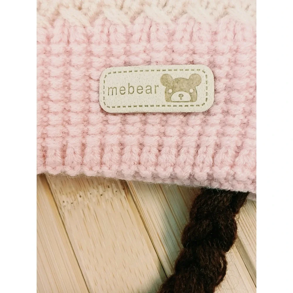 Mebear Infant Pink Knit Beanie Hat Heart Cherry Embroidery Braided Pom Poms NEW